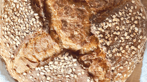 A large round loaf topped with toasted oatmeal and scored in a cross.