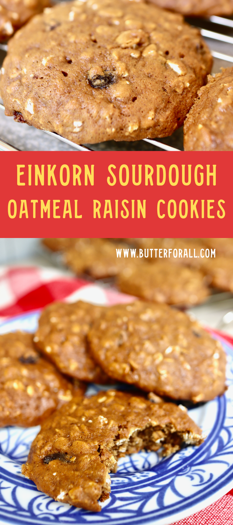 Collage photo showing einkorn sourdough oatmeal raisin cookies with text overlay.