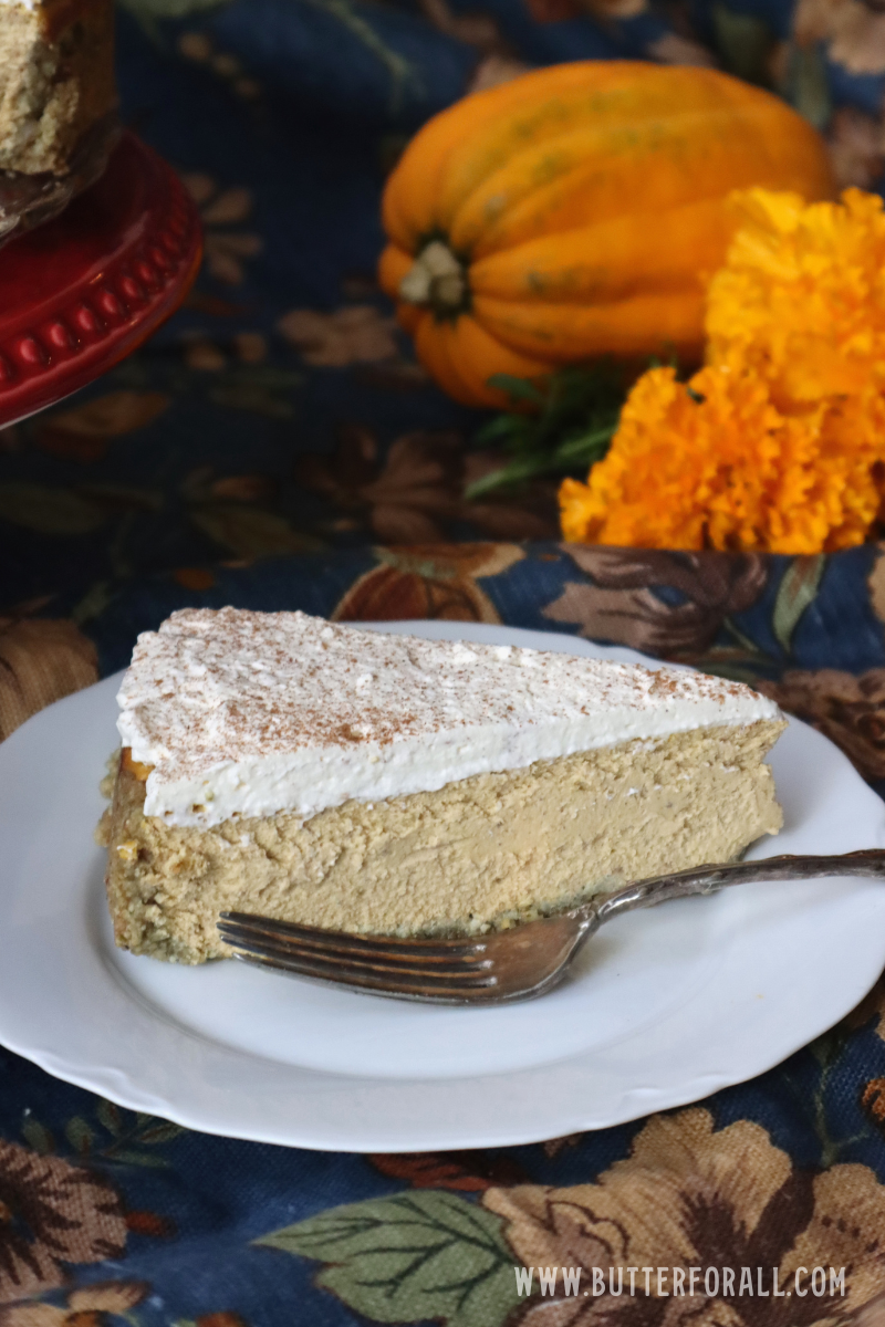 A close-up of a creamy slice of cheesecake topped with whipped cream and sprinkled with cinnamon.